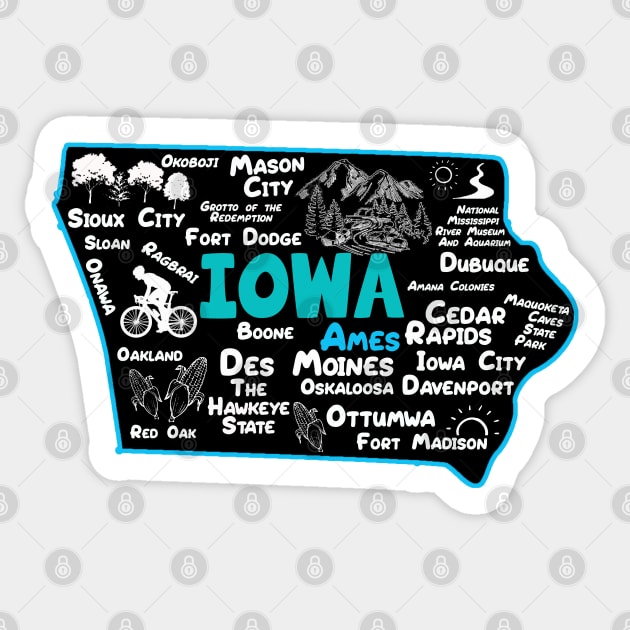 Ames Iowa map Des Moines Sioux City, Mason City, Boone, Davenport, Ottumwa, Fort Madison Sticker by BoogieCreates